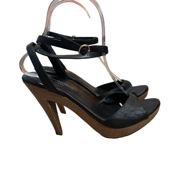 YSL Rive Gauche Black Leather Strappy Sandal Heels Size 37 US 7 - Picture 4 of 10